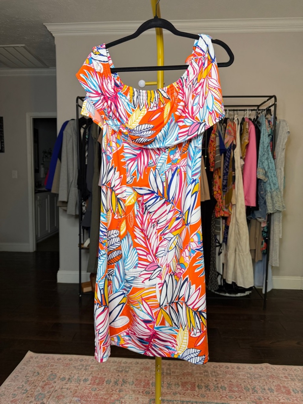 Off-Shoulder Tropical Print Mini Dress in Orange